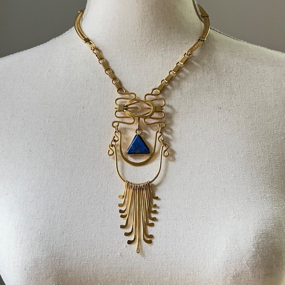 Gold-Tone Necklace with Blue Triangle Pendant